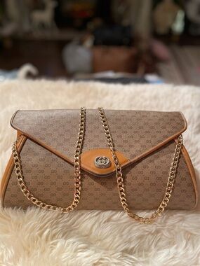 Gucci Beige Monogram Shoulder Bag with Tan Trim and Gold Chain